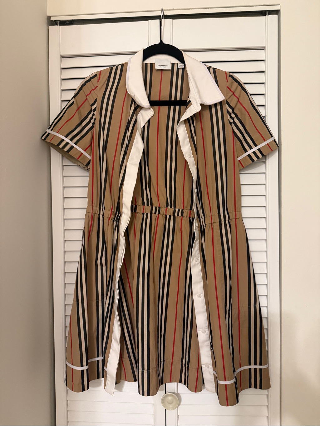 Burberry Beige Striped Short-Sleeve Shirt Dress With White Trim